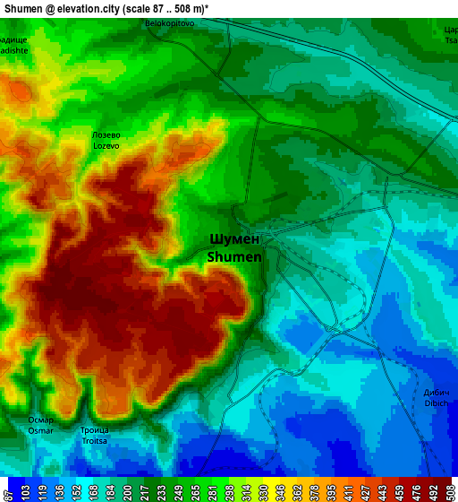 Zoom OUT 2x Shumen, Bulgaria elevation map