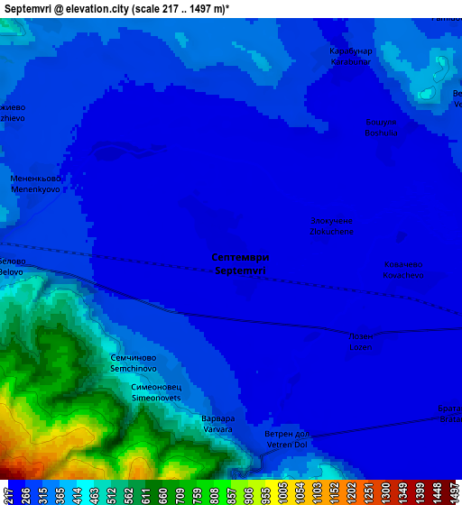 Zoom OUT 2x Septemvri, Bulgaria elevation map