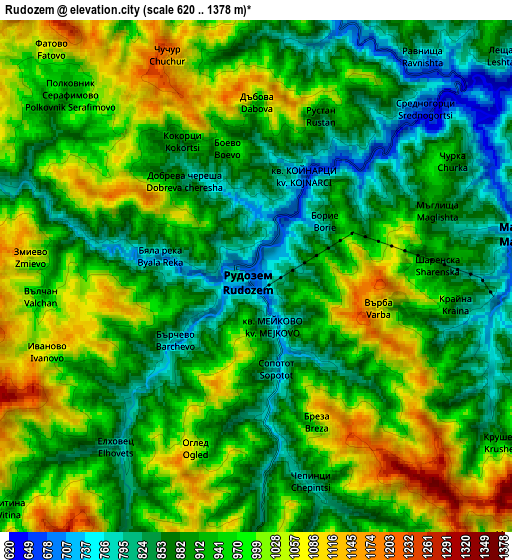 Zoom OUT 2x Rudozem, Bulgaria elevation map