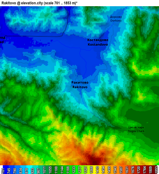 Zoom OUT 2x Rakitovo, Bulgaria elevation map