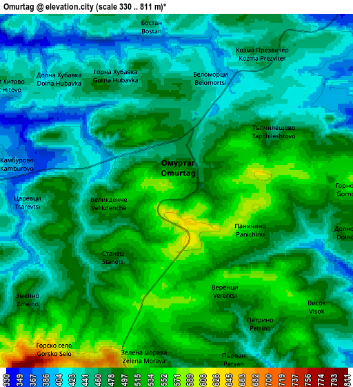 Zoom OUT 2x Omurtag, Bulgaria elevation map