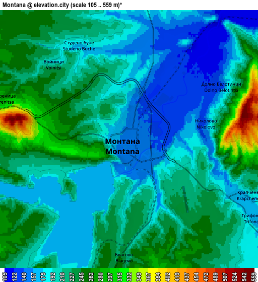 Zoom OUT 2x Montana, Bulgaria elevation map