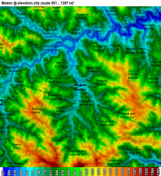 Zoom OUT 2x Madan, Bulgaria elevation map