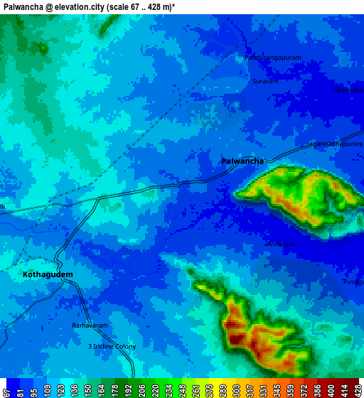 Zoom OUT 2x Palwancha, India elevation map