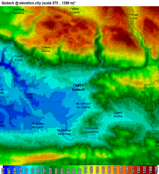 Zoom OUT 2x Godech, Bulgaria elevation map