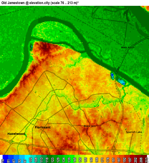 Zoom OUT 2x Old Jamestown, United States elevation map