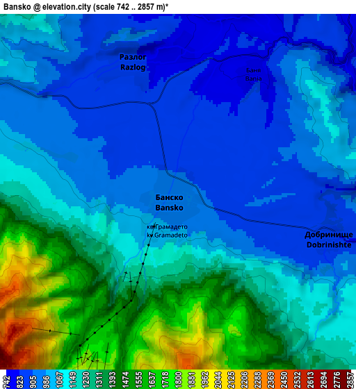 Zoom OUT 2x Bansko, Bulgaria elevation map