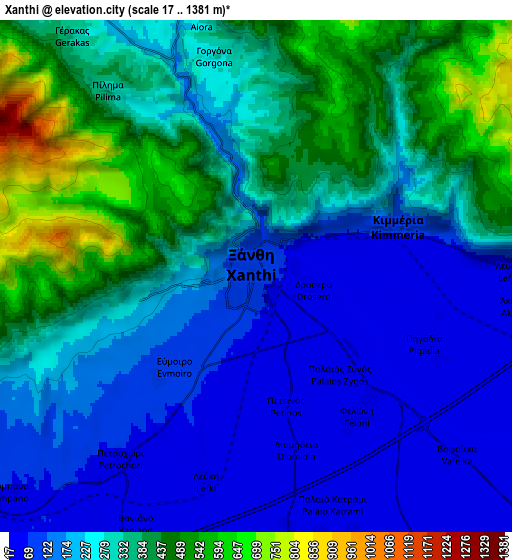 Zoom OUT 2x Xánthi, Greece elevation map