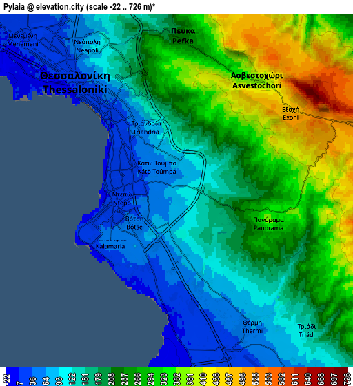 Zoom OUT 2x Pylaía, Greece elevation map