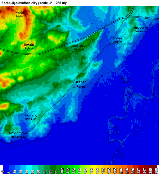 Zoom OUT 2x Féres, Greece elevation map