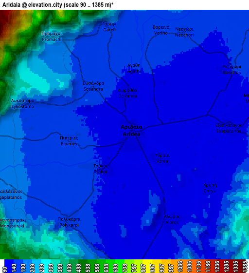 Zoom OUT 2x Aridaía, Greece elevation map