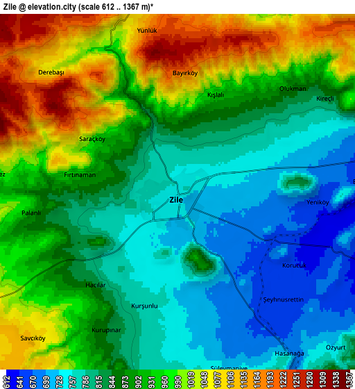 Zoom OUT 2x Zile, Turkey elevation map