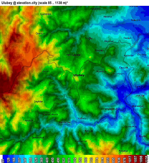 Zoom OUT 2x Ulubey, Turkey elevation map