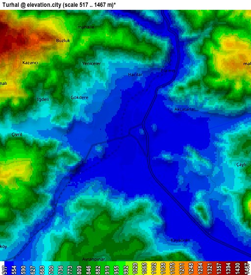 Zoom OUT 2x Turhal, Turkey elevation map