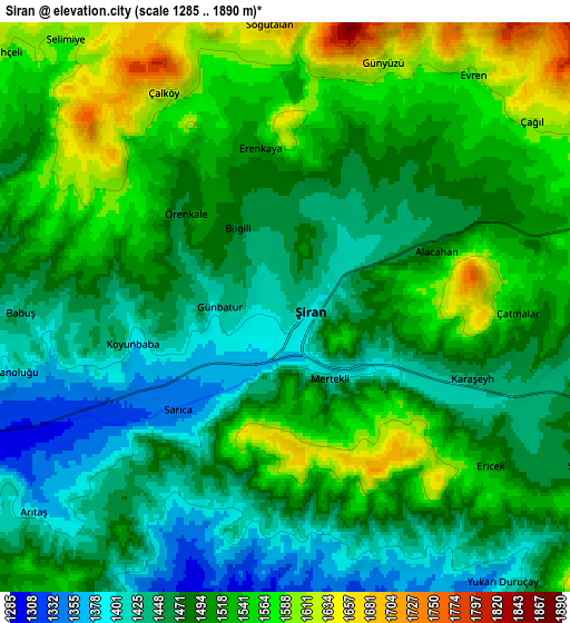 Zoom OUT 2x Şiran, Turkey elevation map