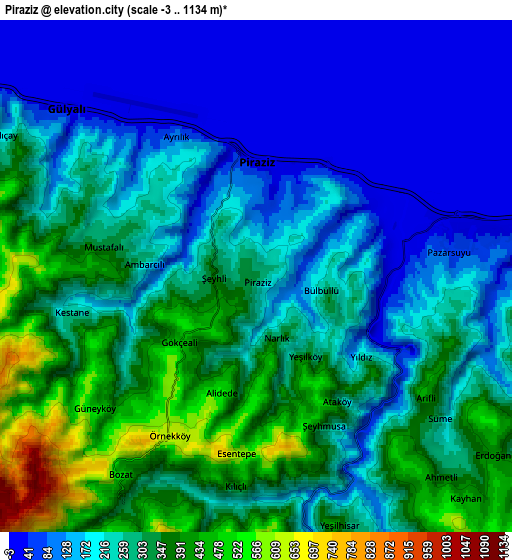 Zoom OUT 2x Piraziz, Turkey elevation map