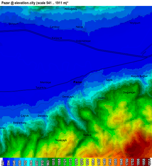 Zoom OUT 2x Pazar, Turkey elevation map