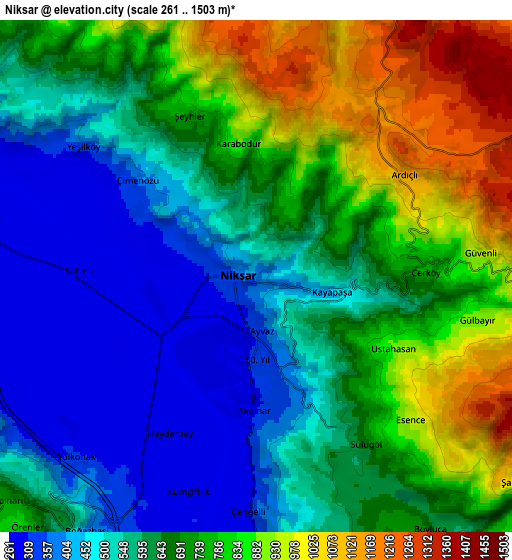 Zoom OUT 2x Niksar, Turkey elevation map