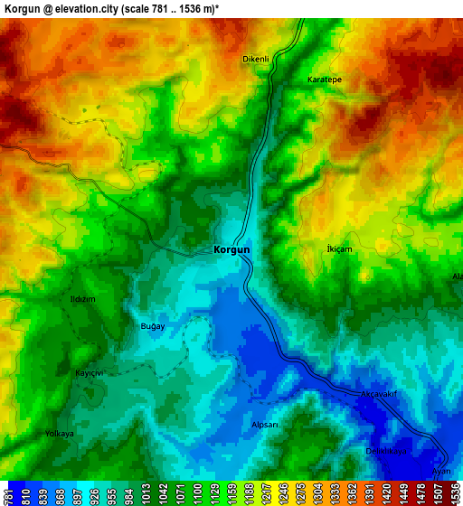 Zoom OUT 2x Korgun, Turkey elevation map