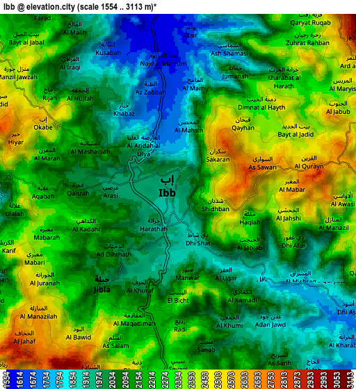 Zoom OUT 2x Ibb, Yemen elevation map