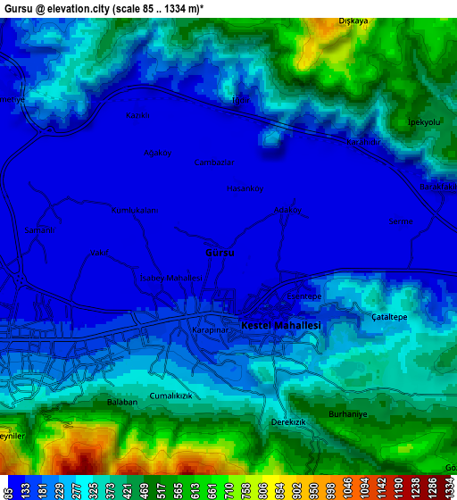 Zoom OUT 2x Gürsu, Turkey elevation map