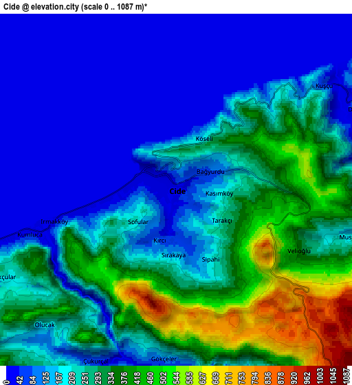 Zoom OUT 2x Cide, Turkey elevation map