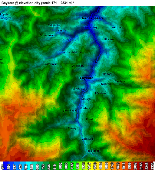 Zoom OUT 2x Çaykara, Turkey elevation map