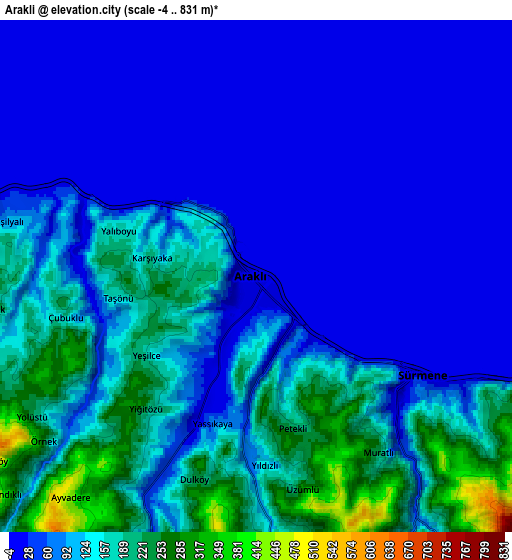 Zoom OUT 2x Araklı, Turkey elevation map