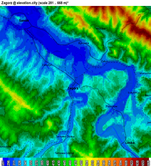 Zoom OUT 2x Zagórz, Poland elevation map