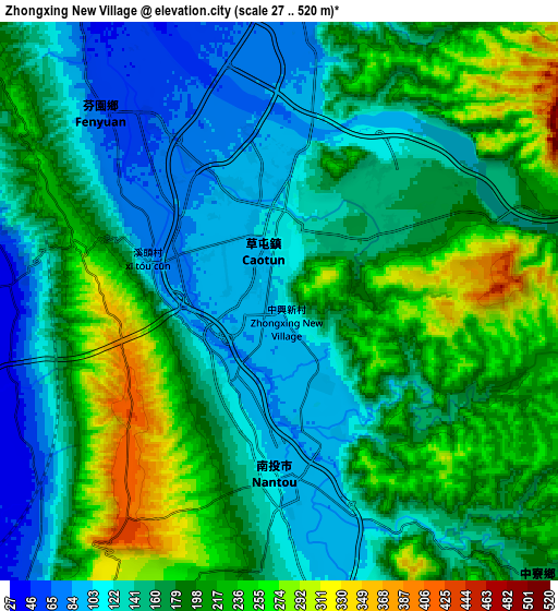 Zoom OUT 2x Zhongxing New Village, Taiwan elevation map