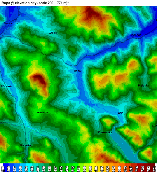 Zoom OUT 2x Ropa, Poland elevation map