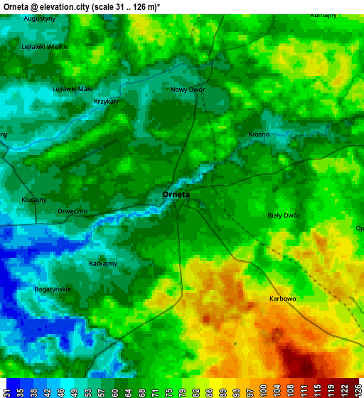 Zoom OUT 2x Orneta, Poland elevation map