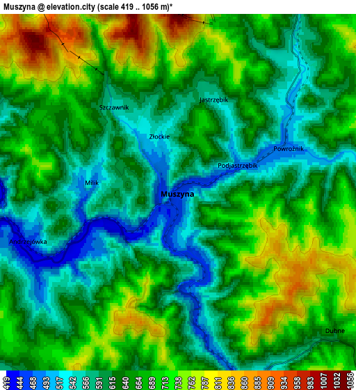 Zoom OUT 2x Muszyna, Poland elevation map