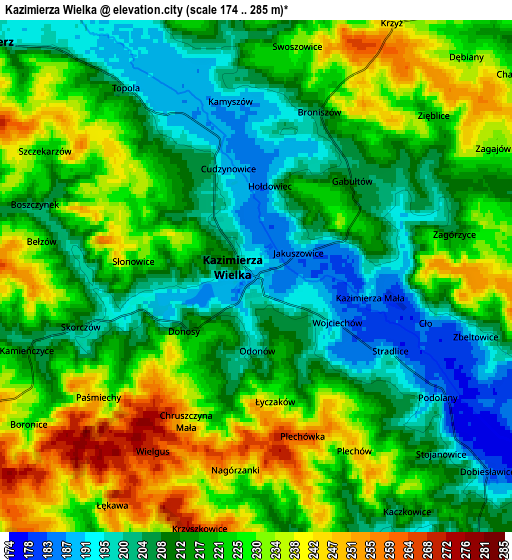 Zoom OUT 2x Kazimierza Wielka, Poland elevation map