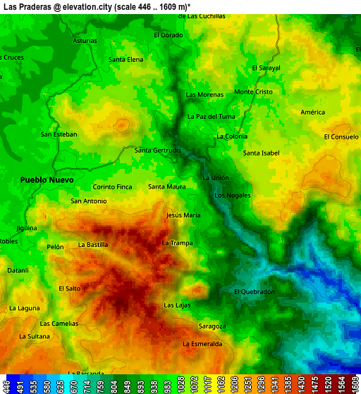 Zoom OUT 2x Las Praderas, Nicaragua elevation map