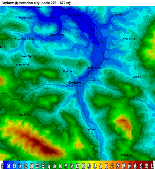 Zoom OUT 2x Grybów, Poland elevation map