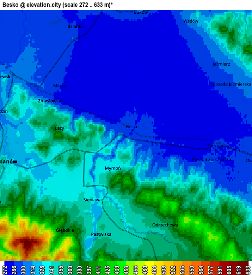 Zoom OUT 2x Besko, Poland elevation map