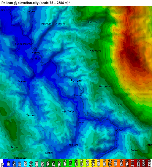 Zoom OUT 2x Poliçan, Albania elevation map