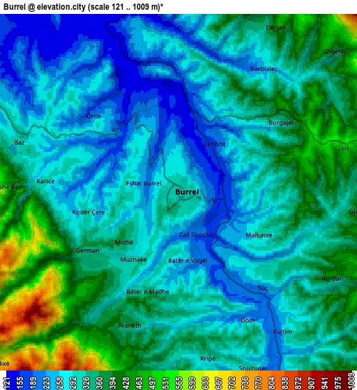 Zoom OUT 2x Burrel, Albania elevation map