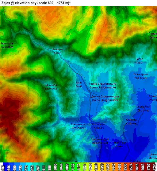 Zoom OUT 2x Zajas, North Macedonia elevation map