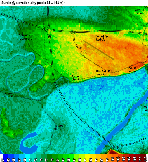 Zoom OUT 2x Surčin, Serbia elevation map