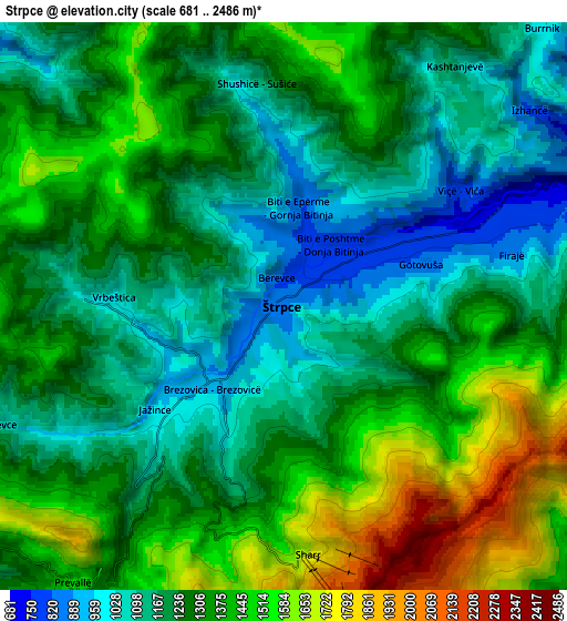 Zoom OUT 2x Štrpce, Kosovo elevation map