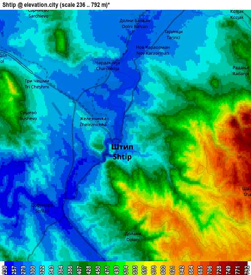 Zoom OUT 2x Shtip, North Macedonia elevation map