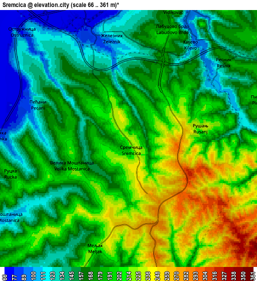 Zoom OUT 2x Sremčica, Serbia elevation map