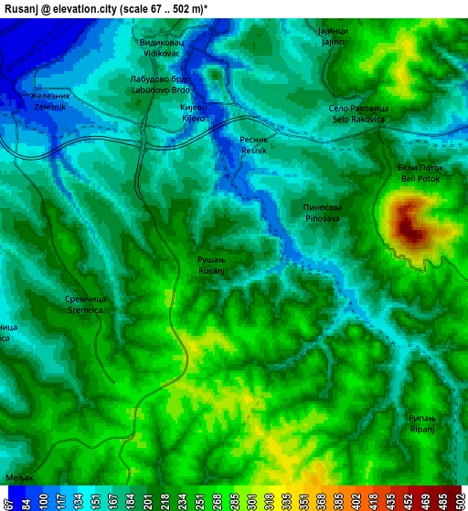 Zoom OUT 2x Rušanj, Serbia elevation map