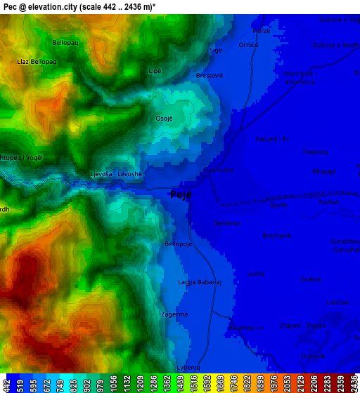 Zoom OUT 2x Peć, Kosovo elevation map