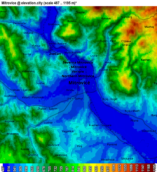 Zoom OUT 2x Mitrovicë, Kosovo elevation map