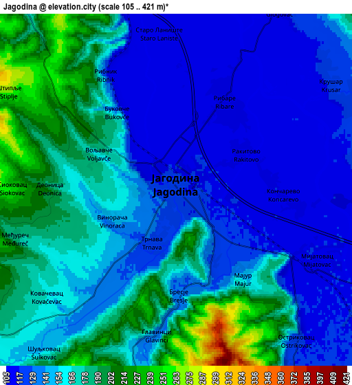 Zoom OUT 2x Jagodina, Serbia elevation map