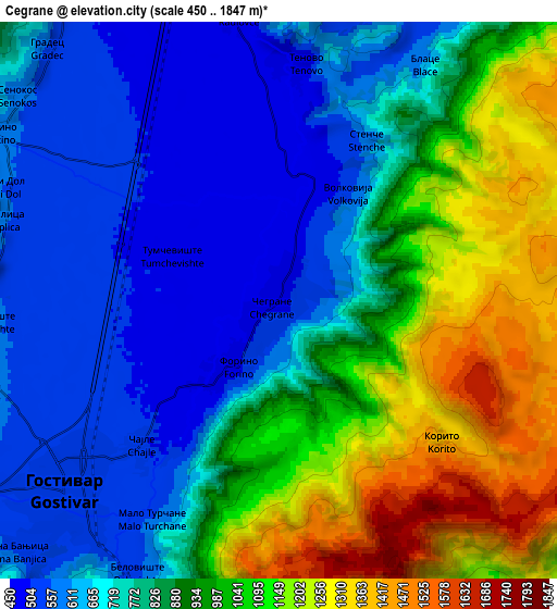 Zoom OUT 2x Cegrane, North Macedonia elevation map