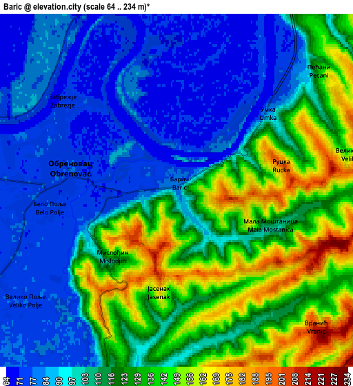 Zoom OUT 2x Barič, Serbia elevation map